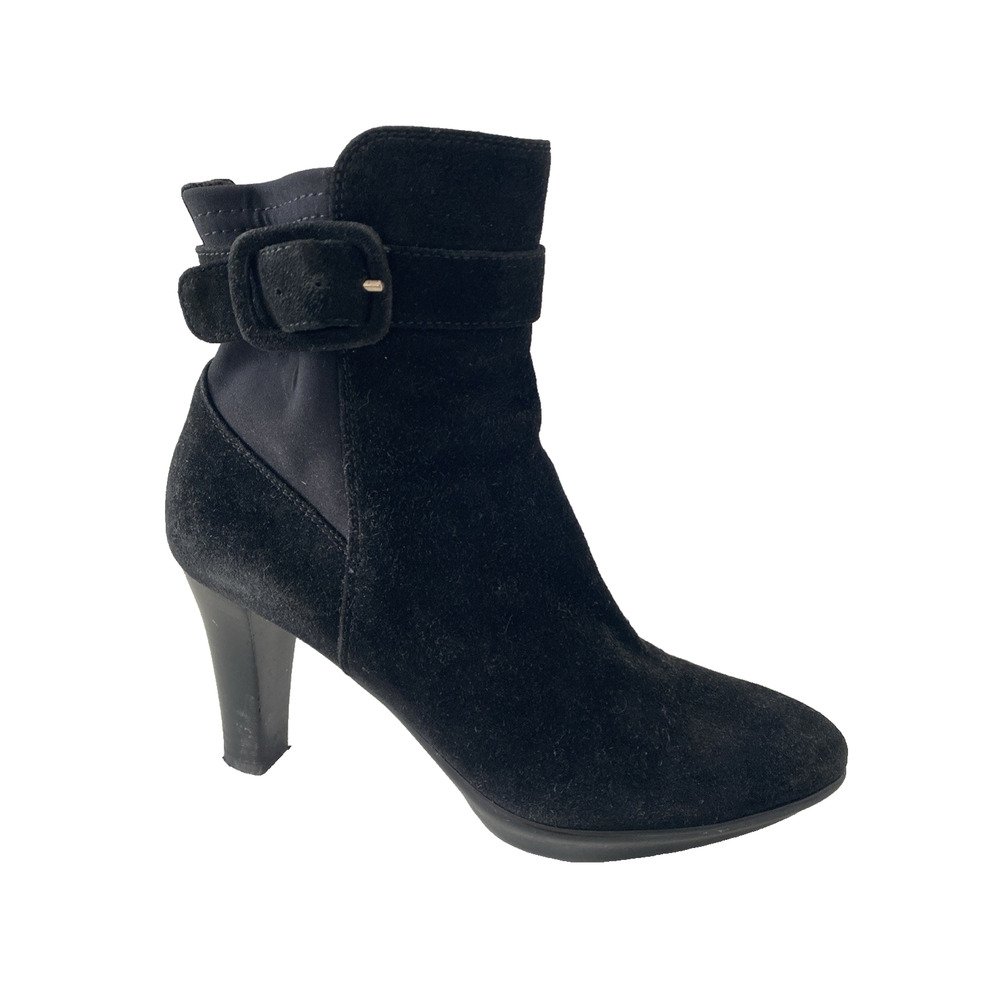 Aquatalia Black Ankle Bootie Block Heel Boot Suede Round Toe Side Zip Buckle 6
